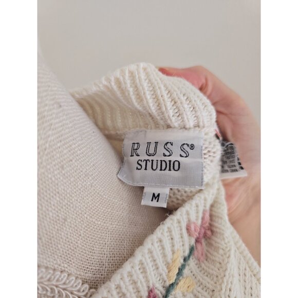 Russ Studio Floral Knit Cotton Cottagecore V-Neck Vintage 80s 90s Sweater M - Picture 8 of 11